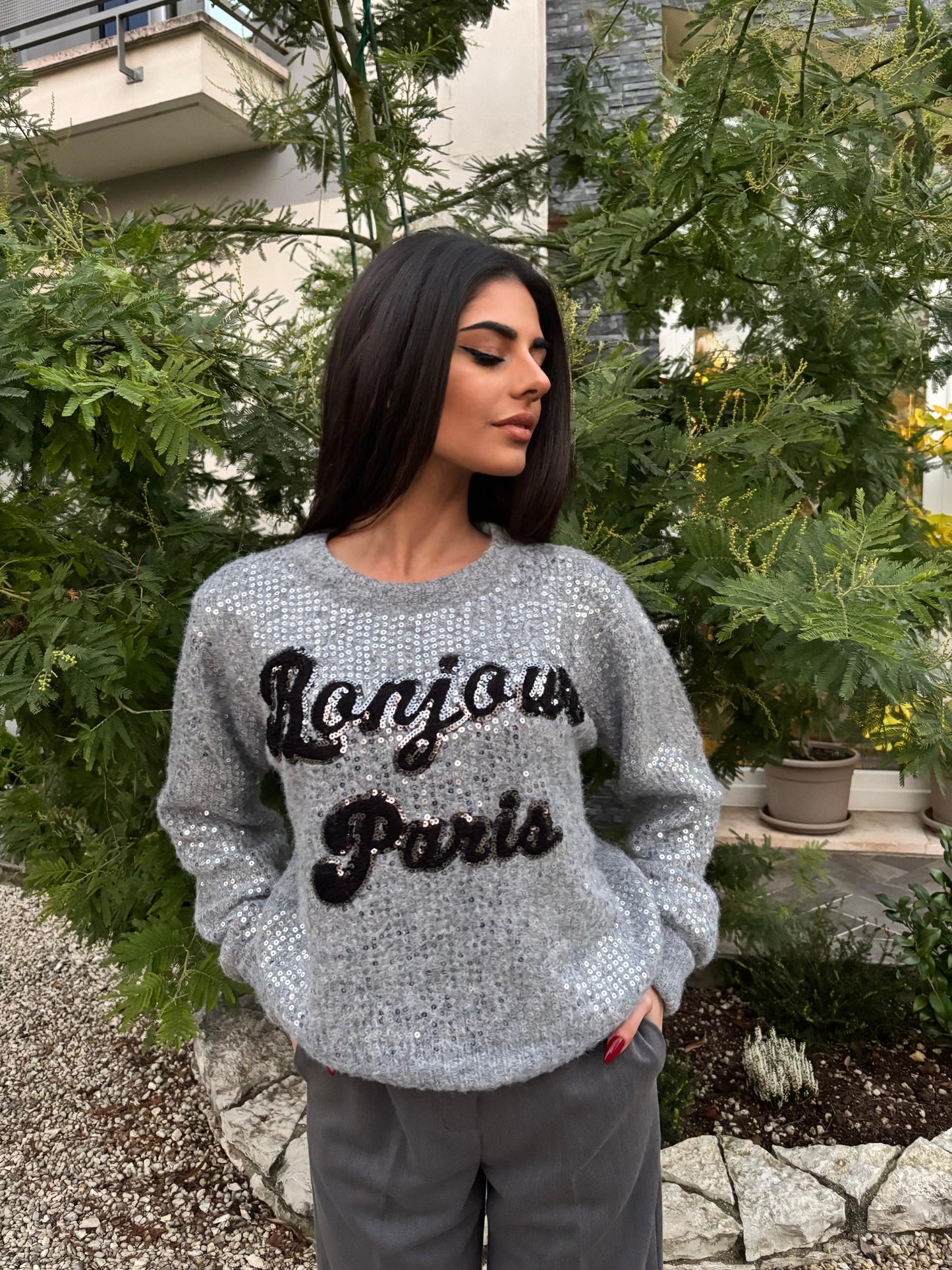 Maglione Bonjour Paris grigio