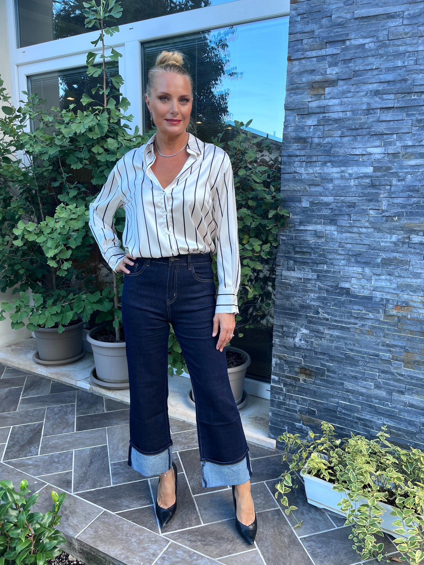 Jeans palazzo denim con risvolto