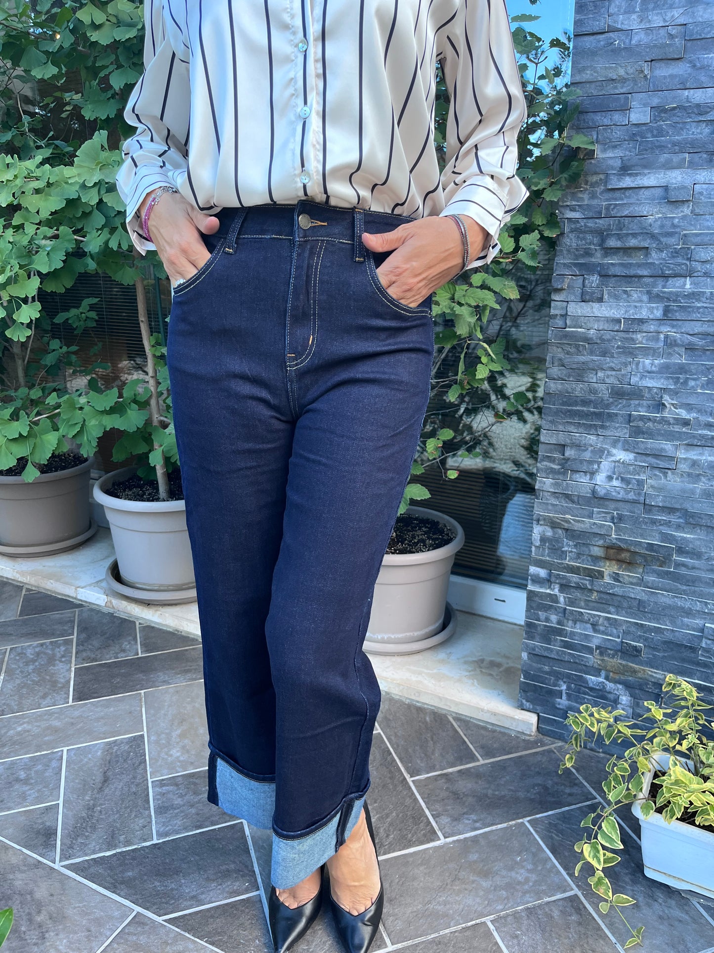 Jeans palazzo denim con risvolto