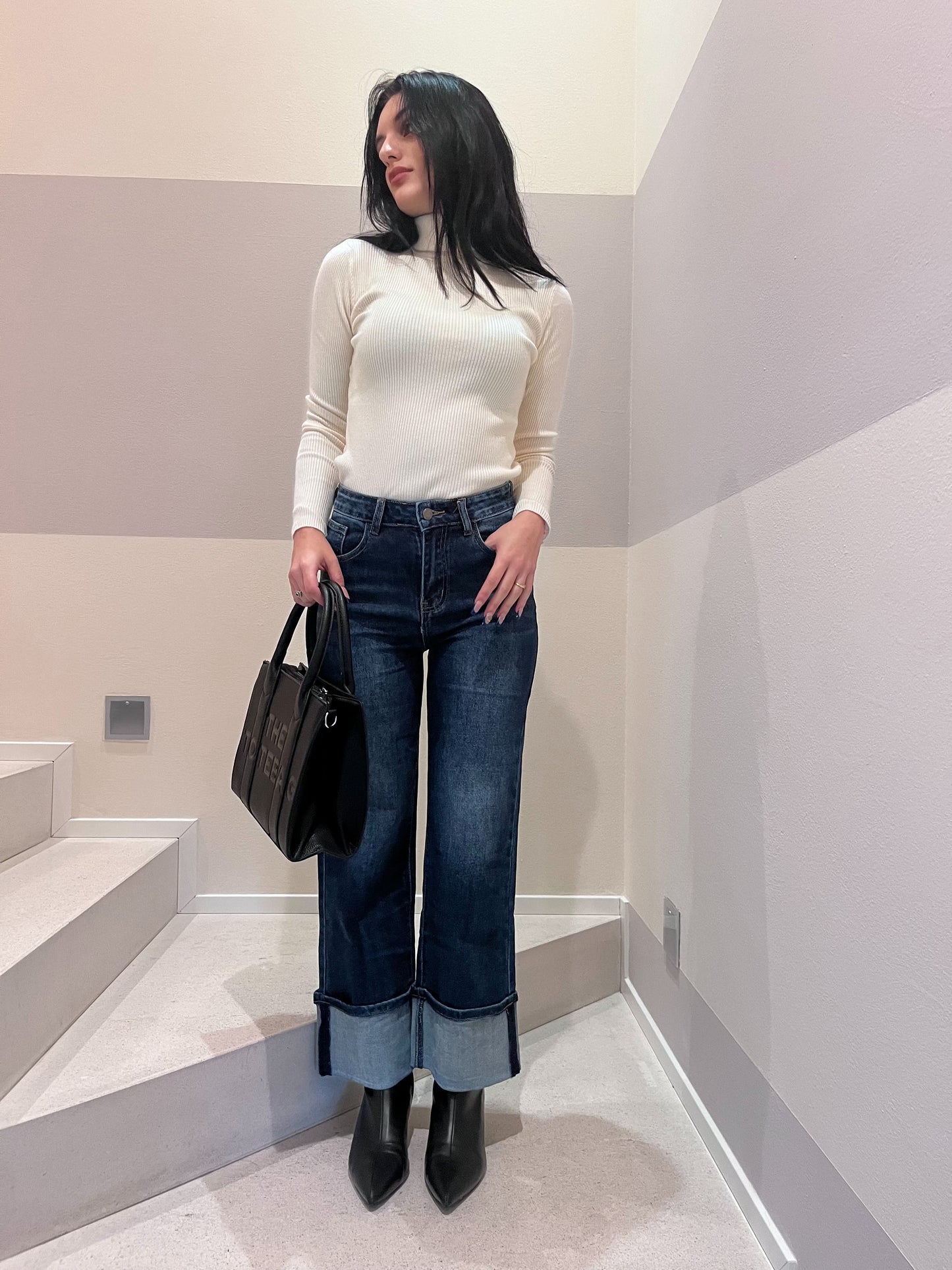 Jeans palazzo denim chiaro con risvolto